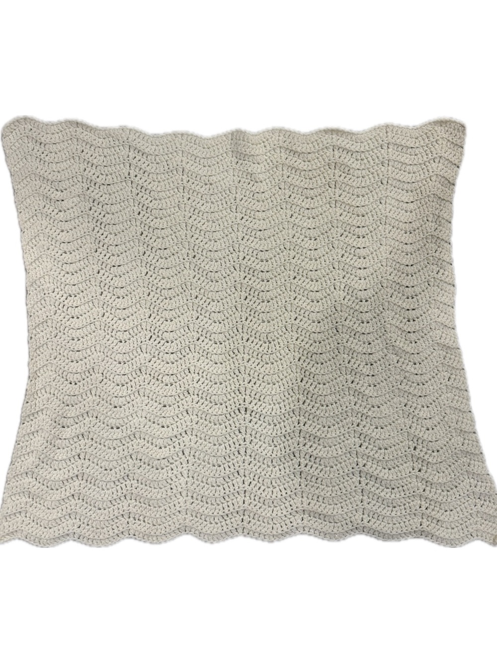 Handmade Metallic Scallop Trim Crochet Throw Blanket in Cream